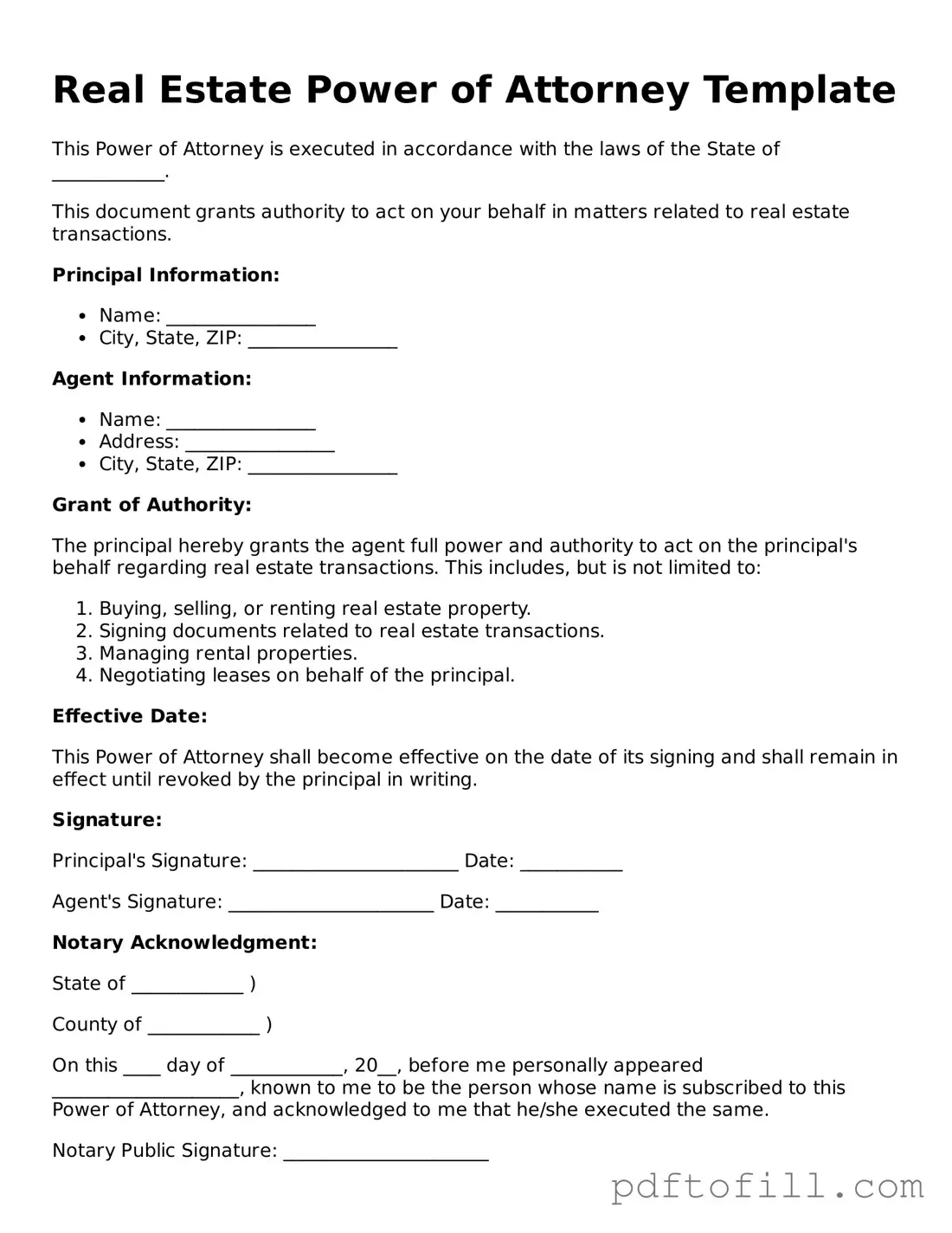 Printable Real Estate Power of Attorney Template