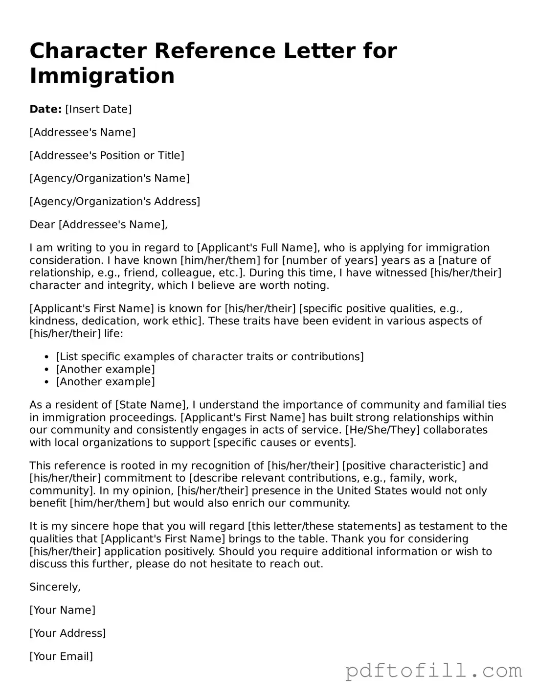 Printable Character Reference Letter for Immigration Template