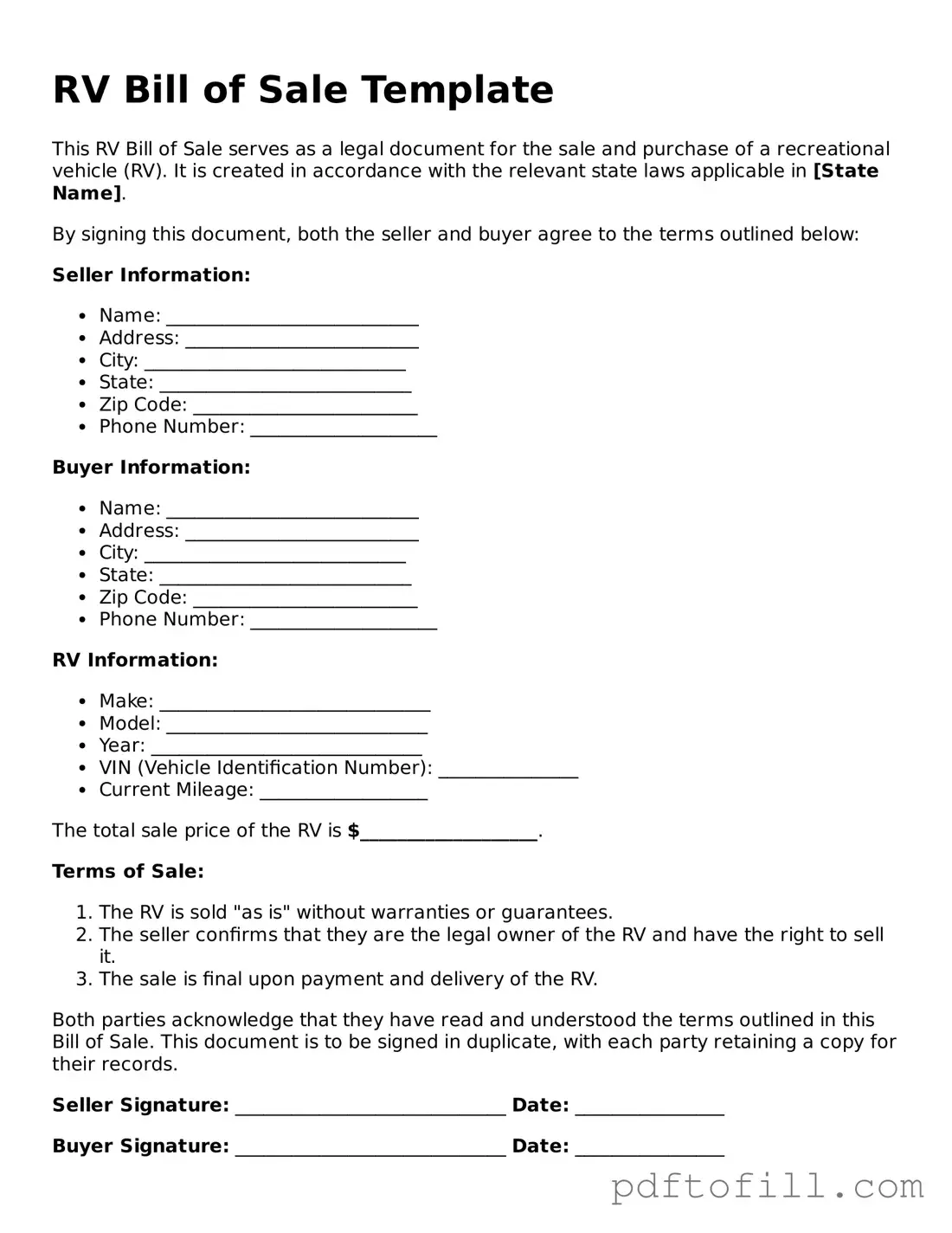 Printable RV Bill of Sale Template