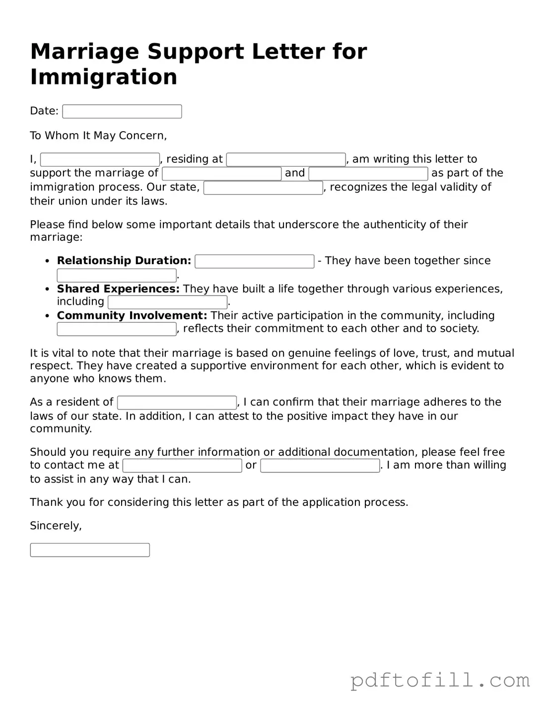 Printable Marriage Support Letter for Immigration Template