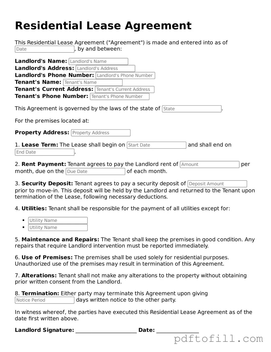Printable Residential Lease Agreement Template