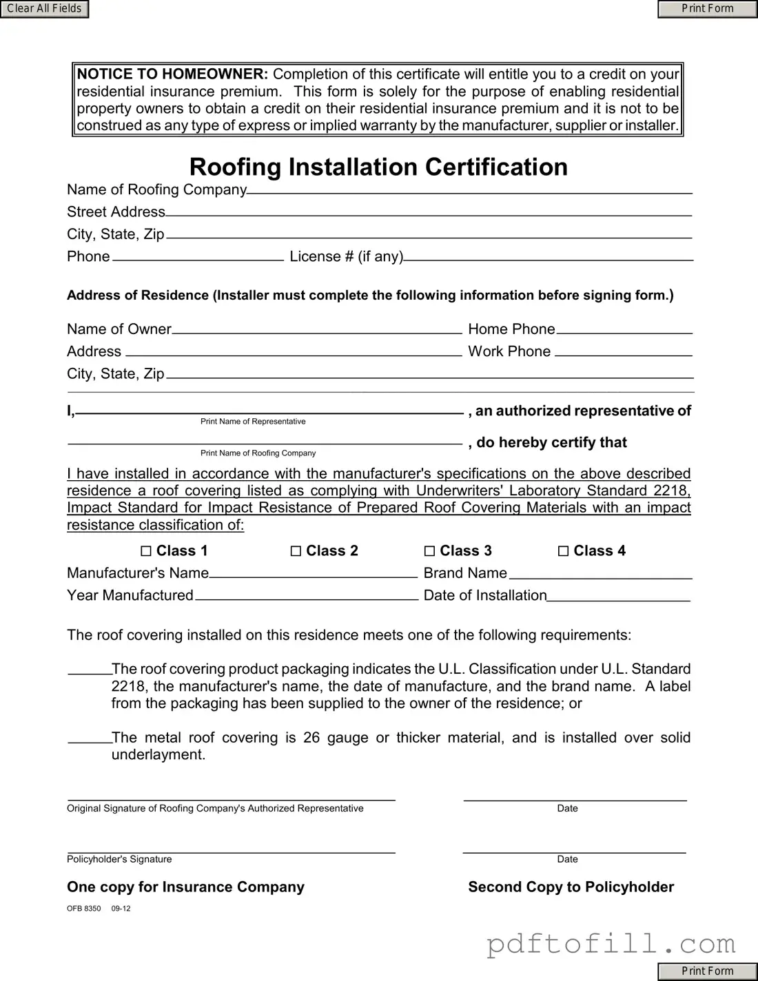 Free Roofing Certificate PDF Form