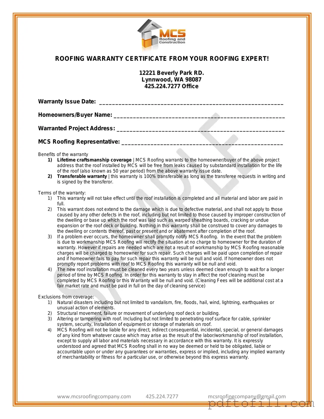 Free Roofing Warranty Certificate PDF Form