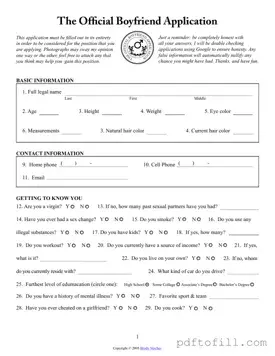 Free Boyfriend application form PDF Form