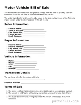 Printable Motor Vehicle Bill of Sale Template