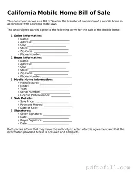 Official California Mobile Home Bill of Sale Form