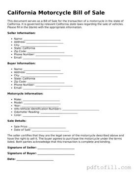 Official California Motorcycle Bill of Sale Form