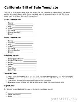 Official California Bill of Sale Form