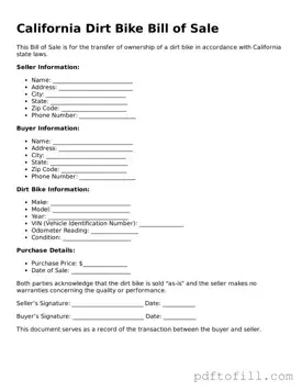 Official California Dirt Bike Bill of Sale Form