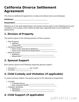 Official California Divorce Settlement Agreement Form