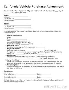 Official California Vehicle Purchase Agreement Form