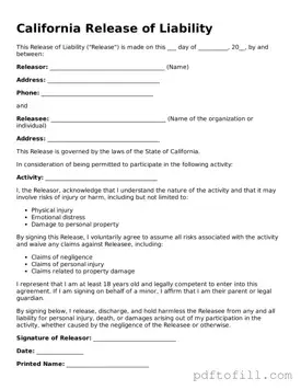 Official California Release of Liability Form