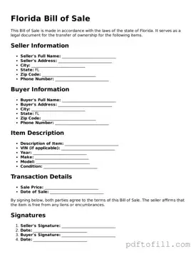 Official Florida Bill of Sale Form