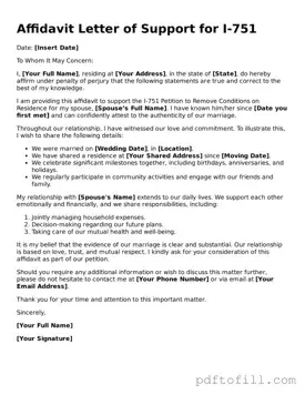 Printable Affidavit Letter of Support for I-751 Template