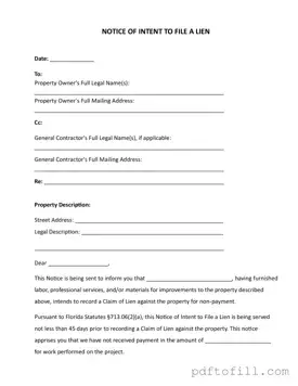 Free Intent To Lien Florida PDF Form