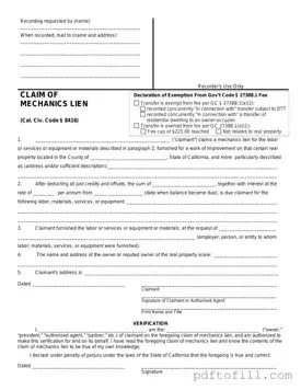Free Mechanics Lien California PDF Form