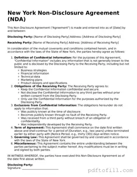 Official New York Non-disclosure Agreement Form