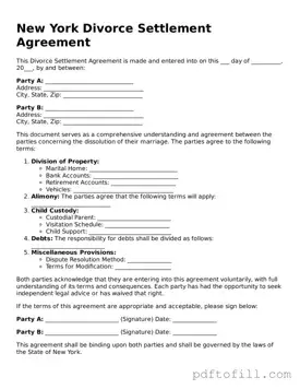 Official New York Divorce Settlement Agreement Form