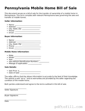 Official Pennsylvania Mobile Home Bill of Sale Form