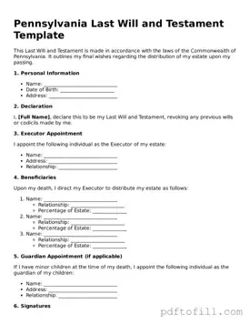 Official Pennsylvania Last Will and Testament Form