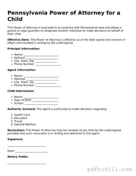 Official Pennsylvania Power of Attorney for a Child Form