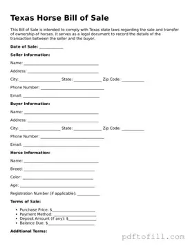 Official Texas Horse Bill of Sale Form