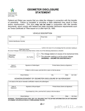 Free Texas Odometer Statement PDF Form