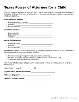 Official Texas Power of Attorney for a Child Form
