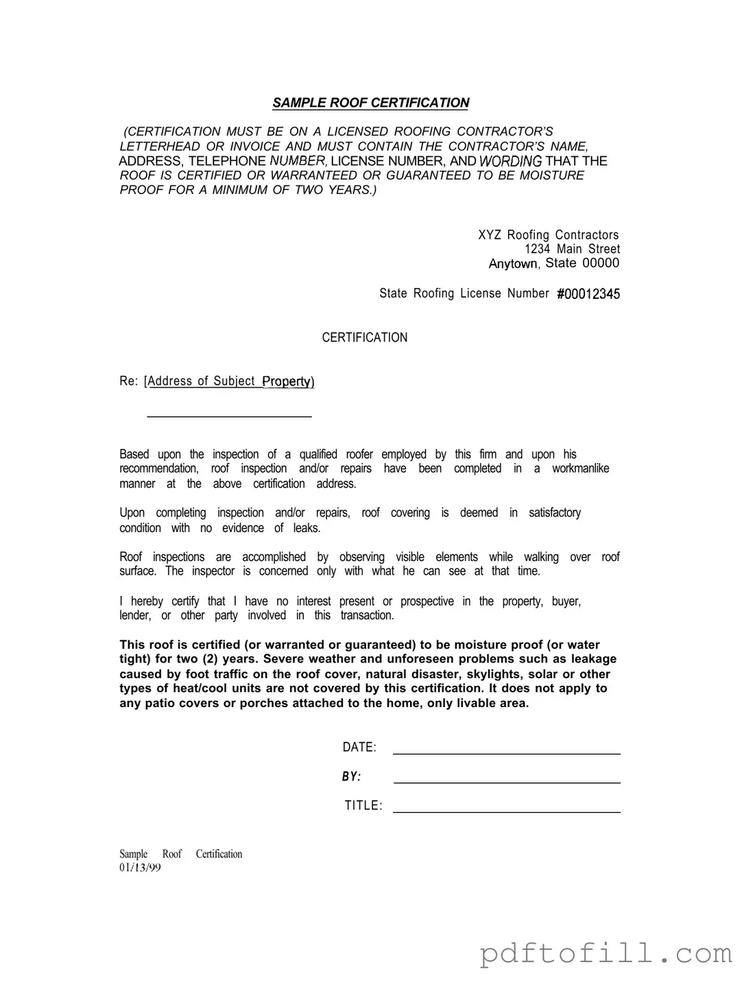 Free Sample Roof Certification PDF Form