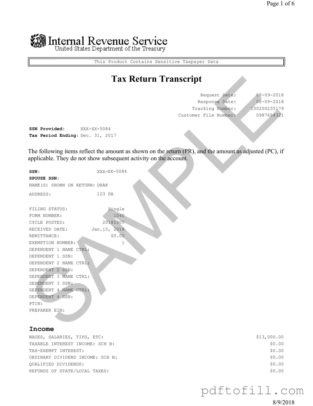 Free Sample Tax Return Transcript PDF Form