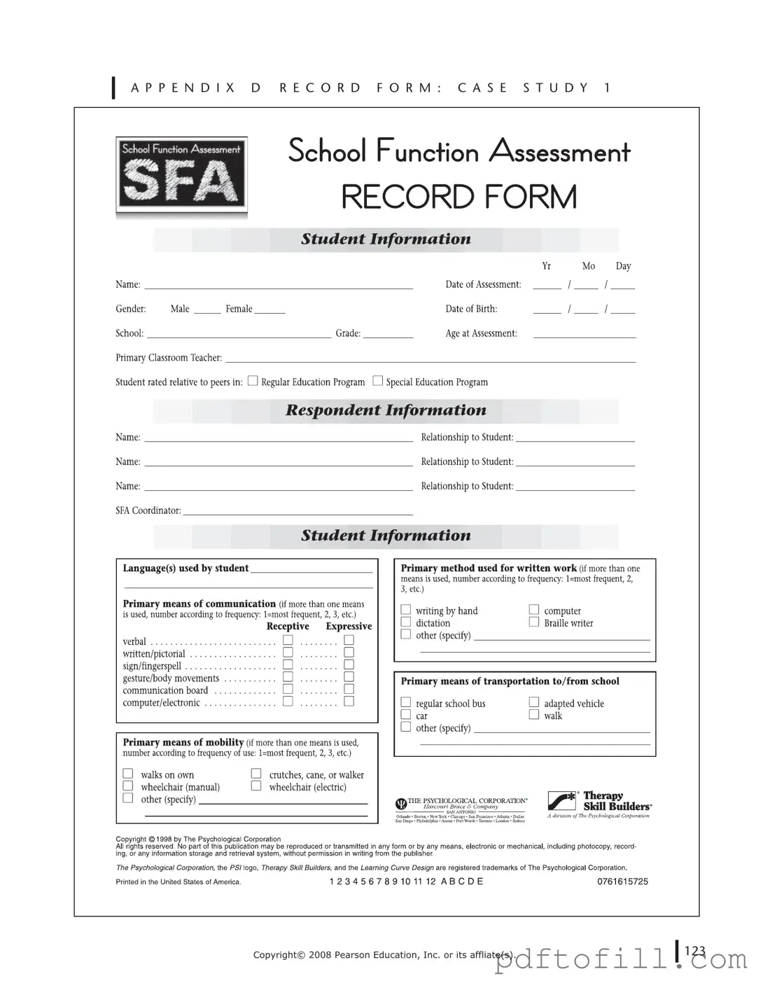 Free School Function Assessment PDF Form