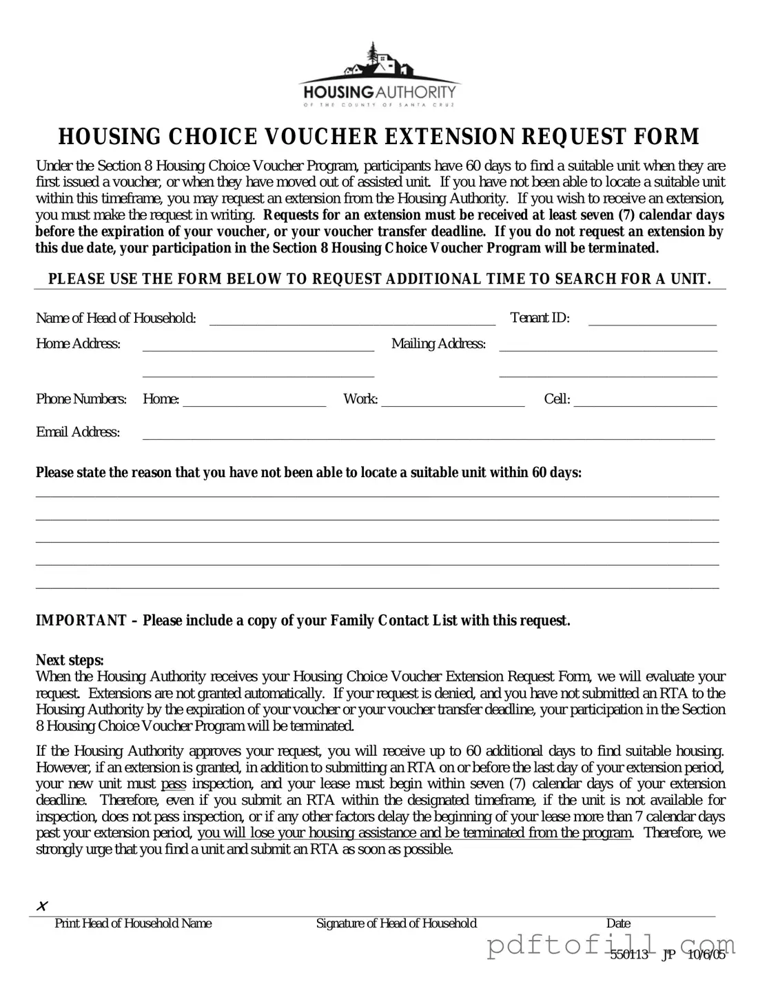 Free Section 8 Voucher Extension PDF Form