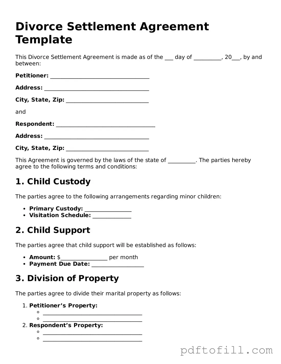 Printable Divorce Settlement Agreement Template