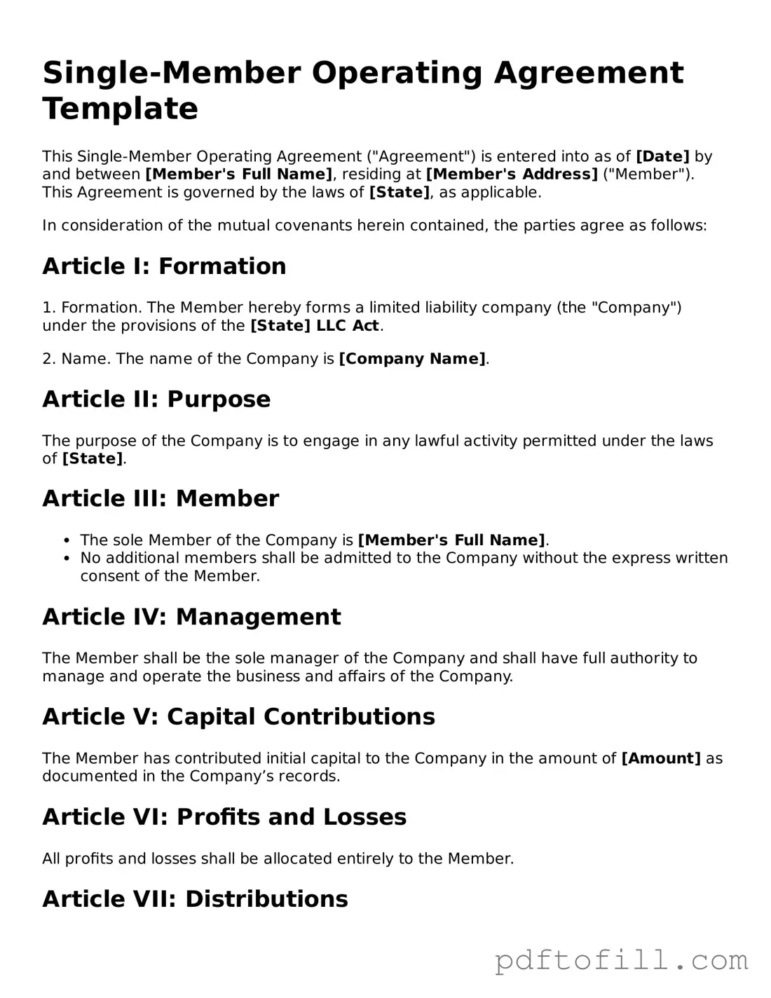 Printable Single-Member Operating Agreement Template