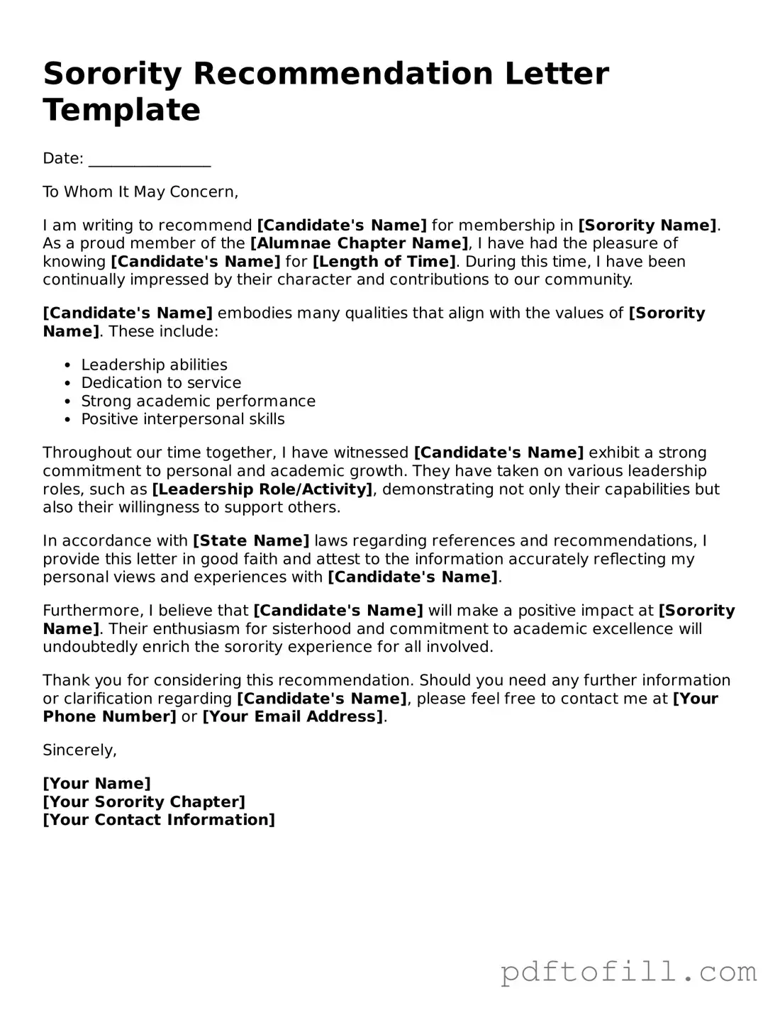 Printable Sorority Recommendation Letter Template