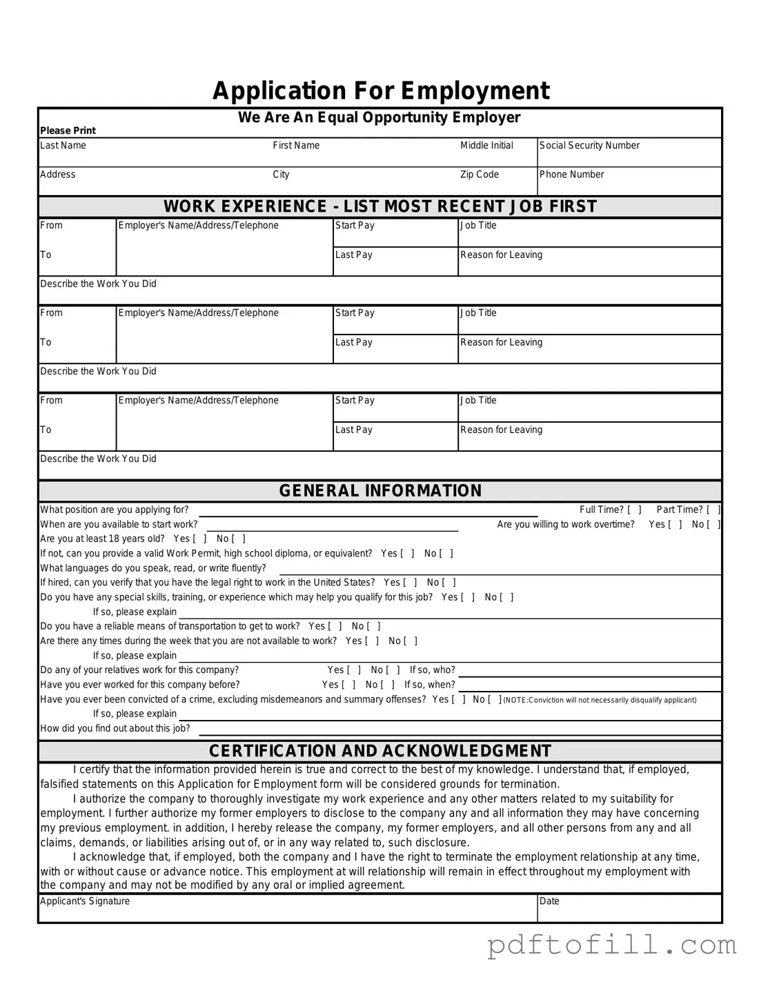 Free Spanish Application Employment PDF Form