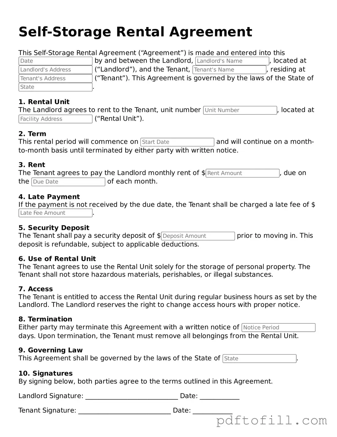 Printable Self-Storage Rental Agreement Template