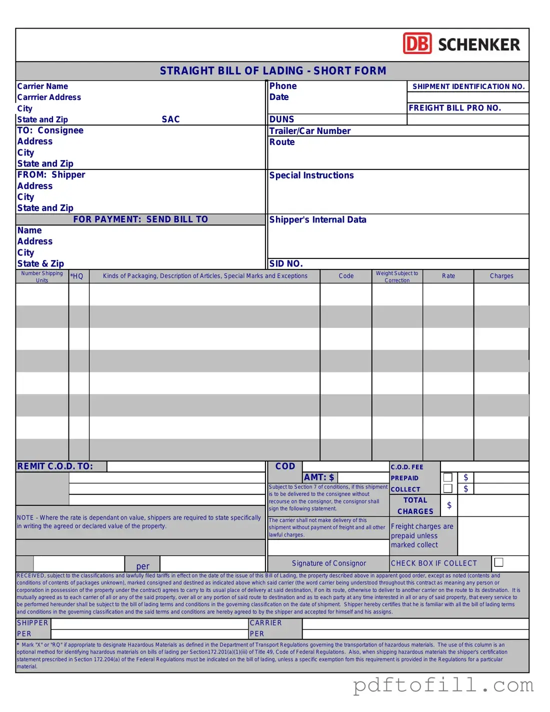 Free Straight Bill Of Lading PDF Form