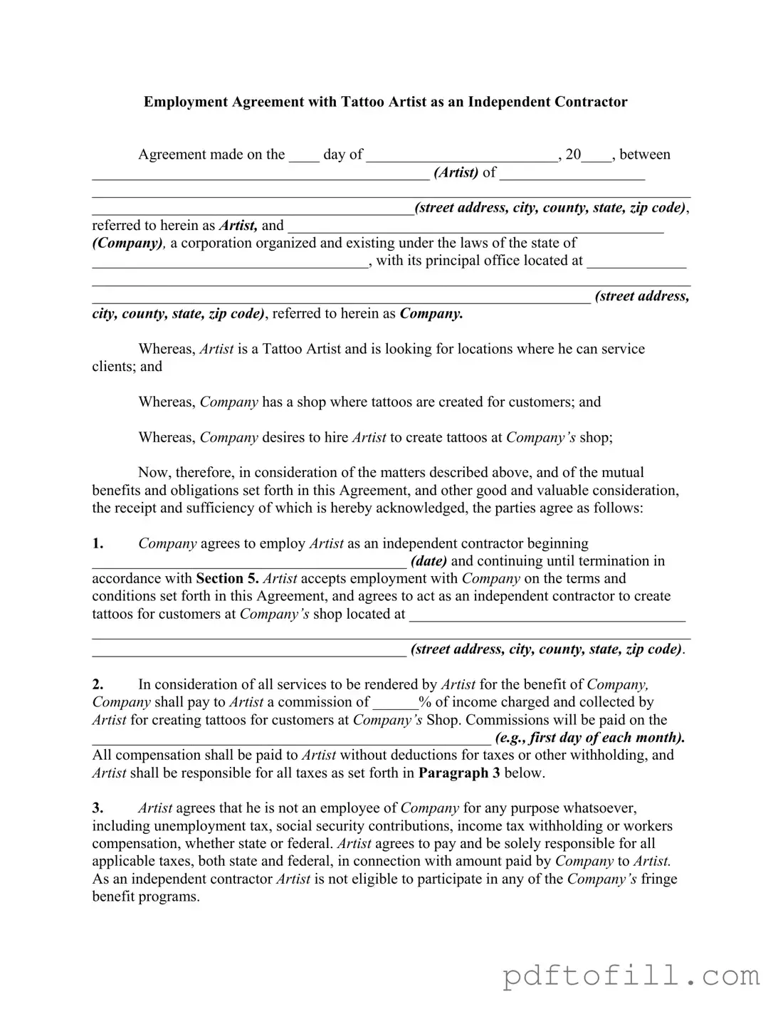 Free Tattoo Shop Artist Agreement PDF Form