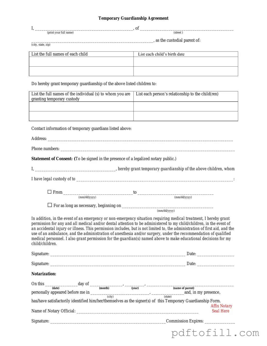 Free Temporary Custody PDF Form