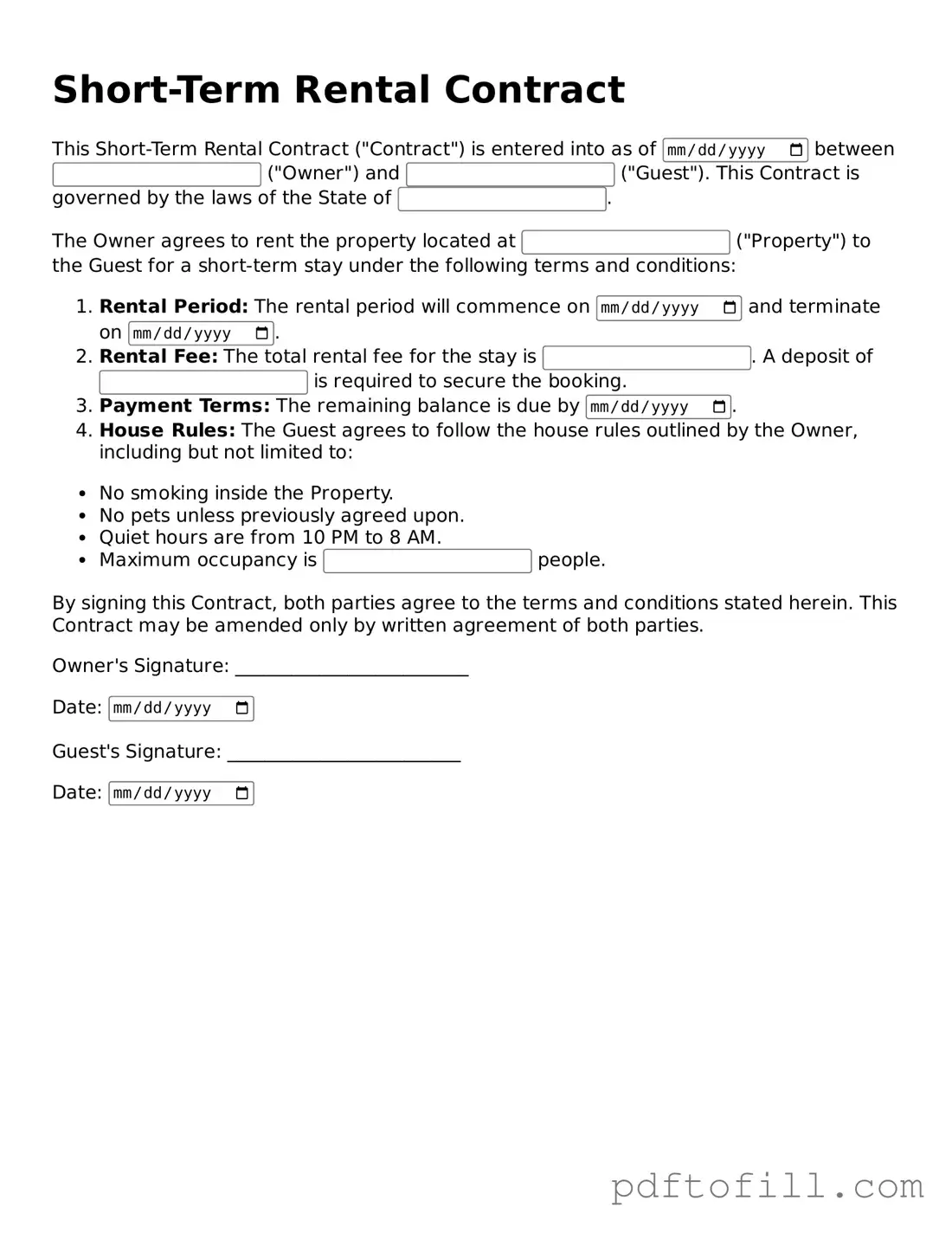Printable Short-Term Rental Contract Template
