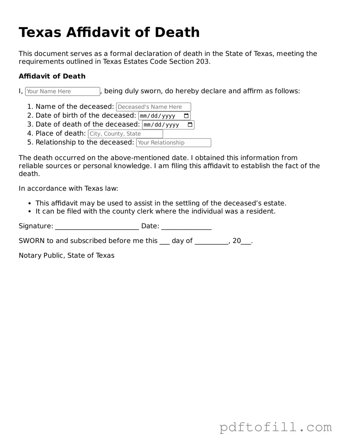 Official Texas Affidavit of Death Form