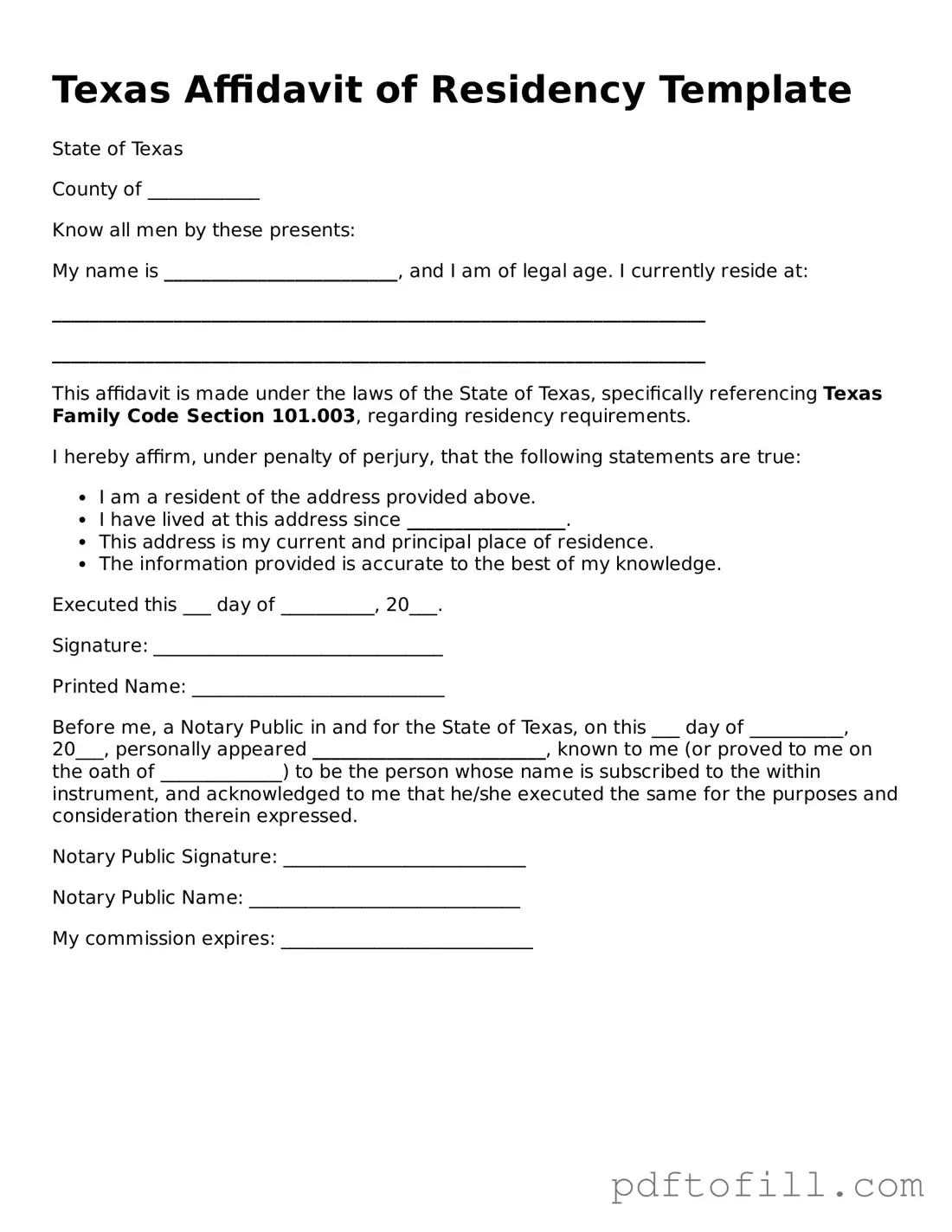 Official Texas Affidavit of Residency Form
