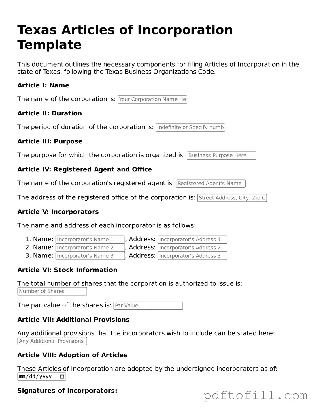 Official Texas Articles of Incorporation Form