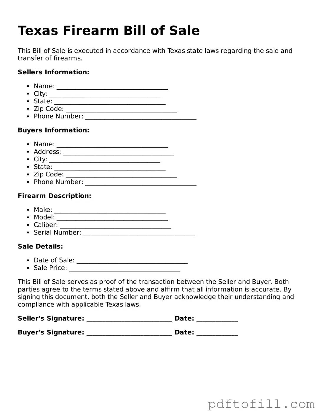 Official Texas Firearm Bill of Sale Form