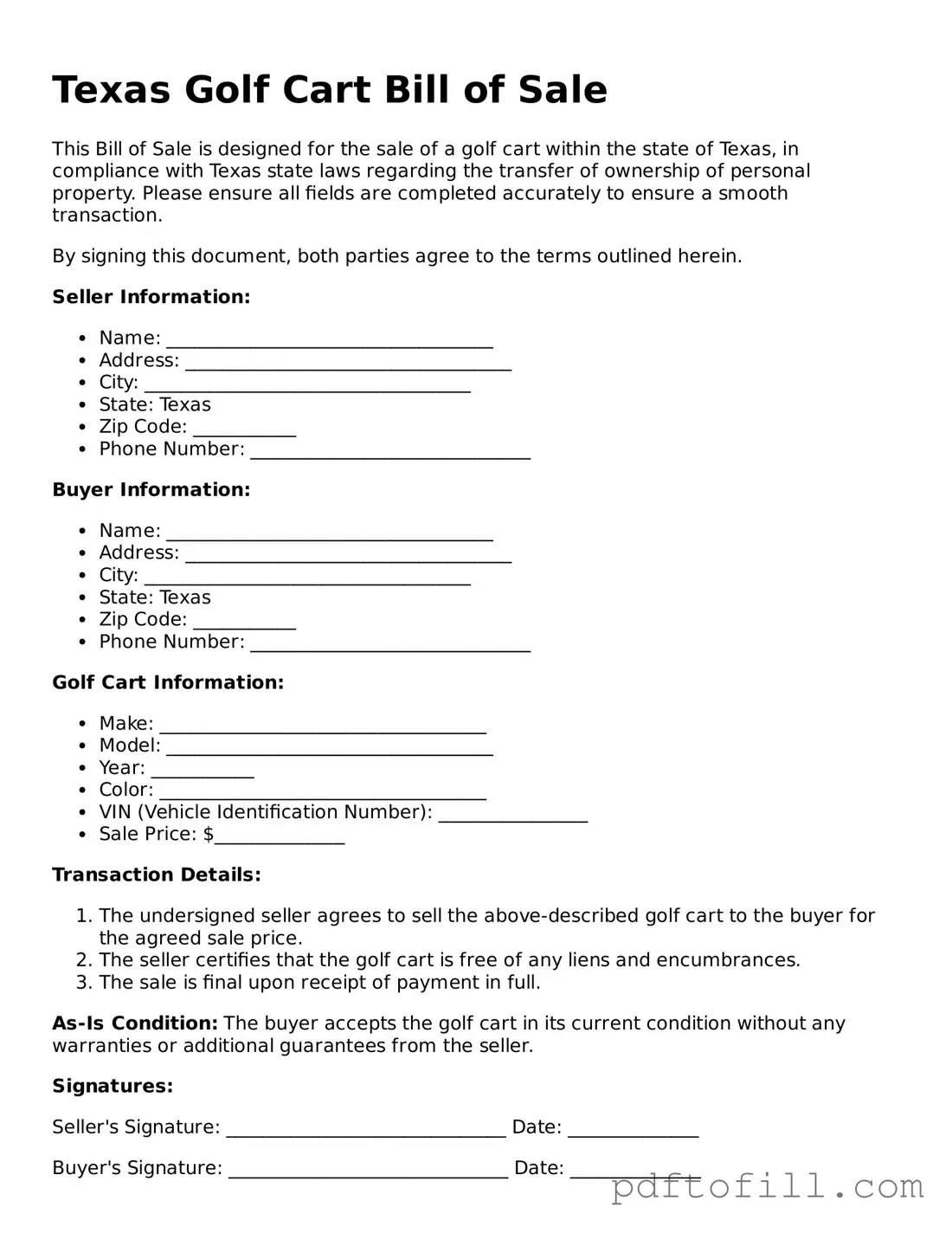 Official Texas Golf Cart Bill of Sale Form