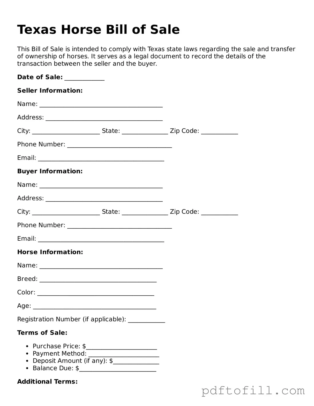 Official Texas Horse Bill of Sale Form
