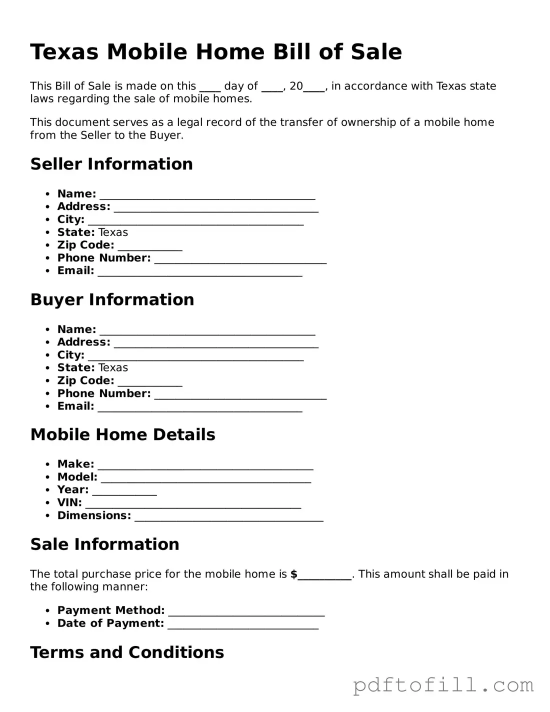 Official Texas Mobile Home Bill of Sale Form