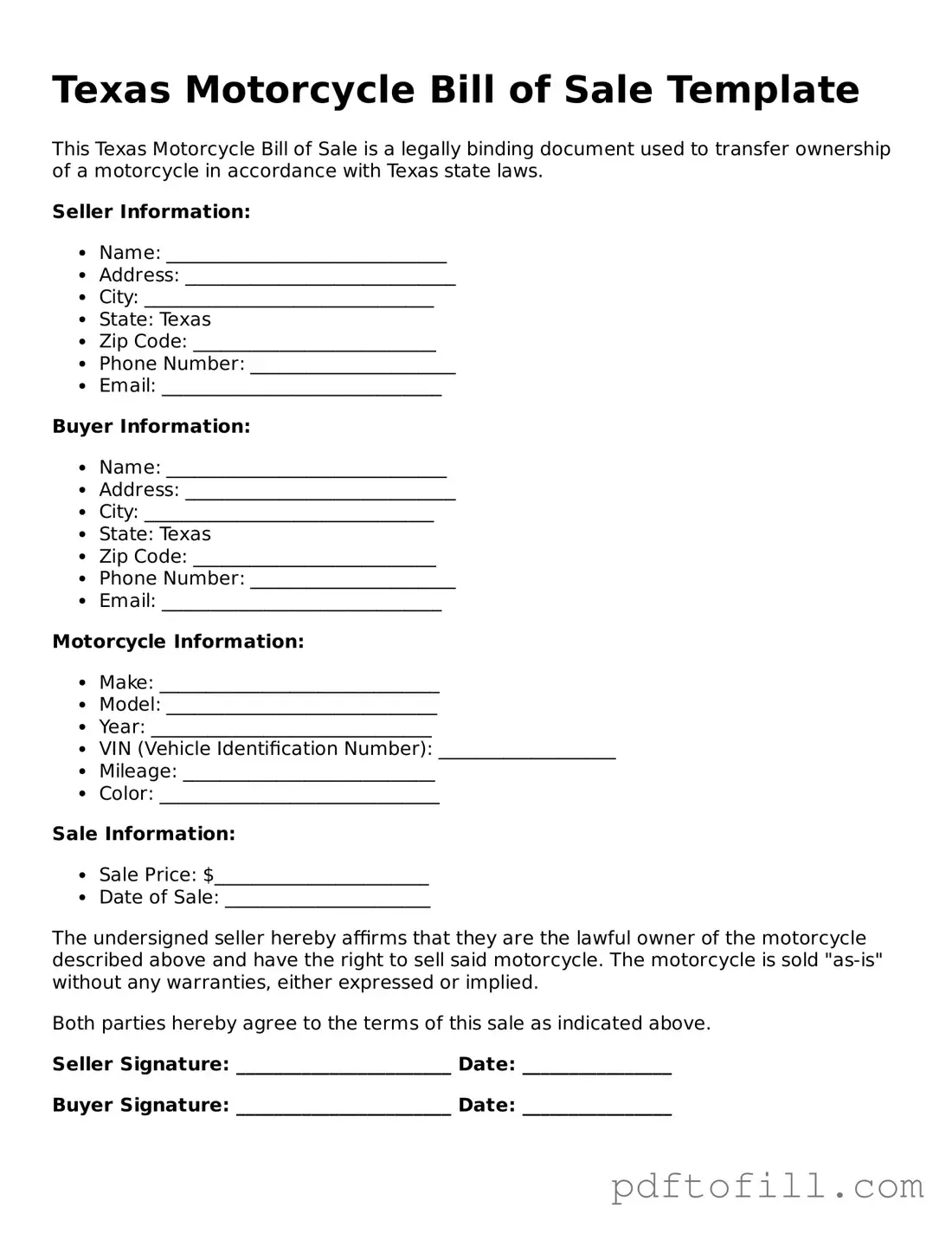 Official Texas Motorcycle Bill of Sale Form