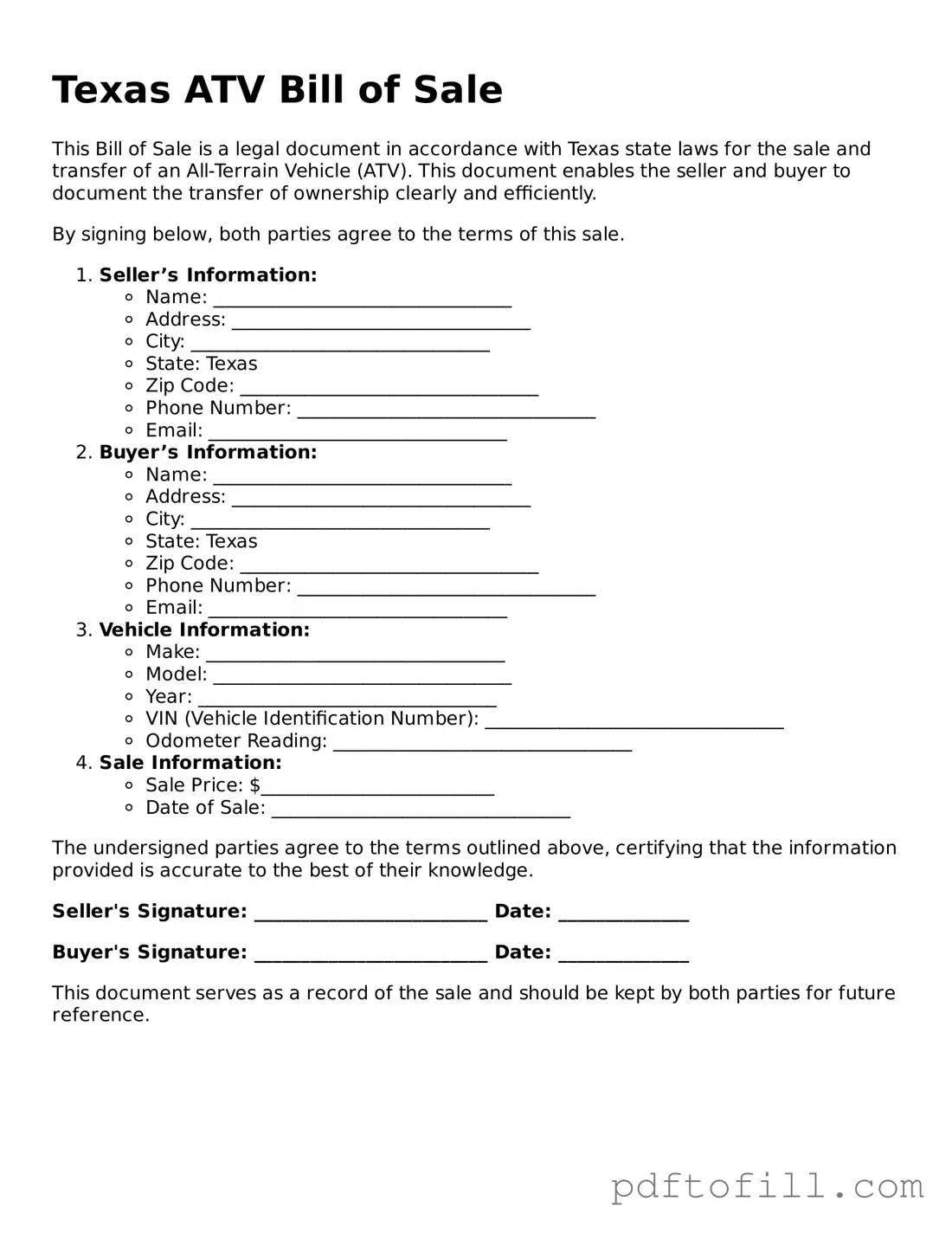 Official Texas ATV Bill of Sale Form